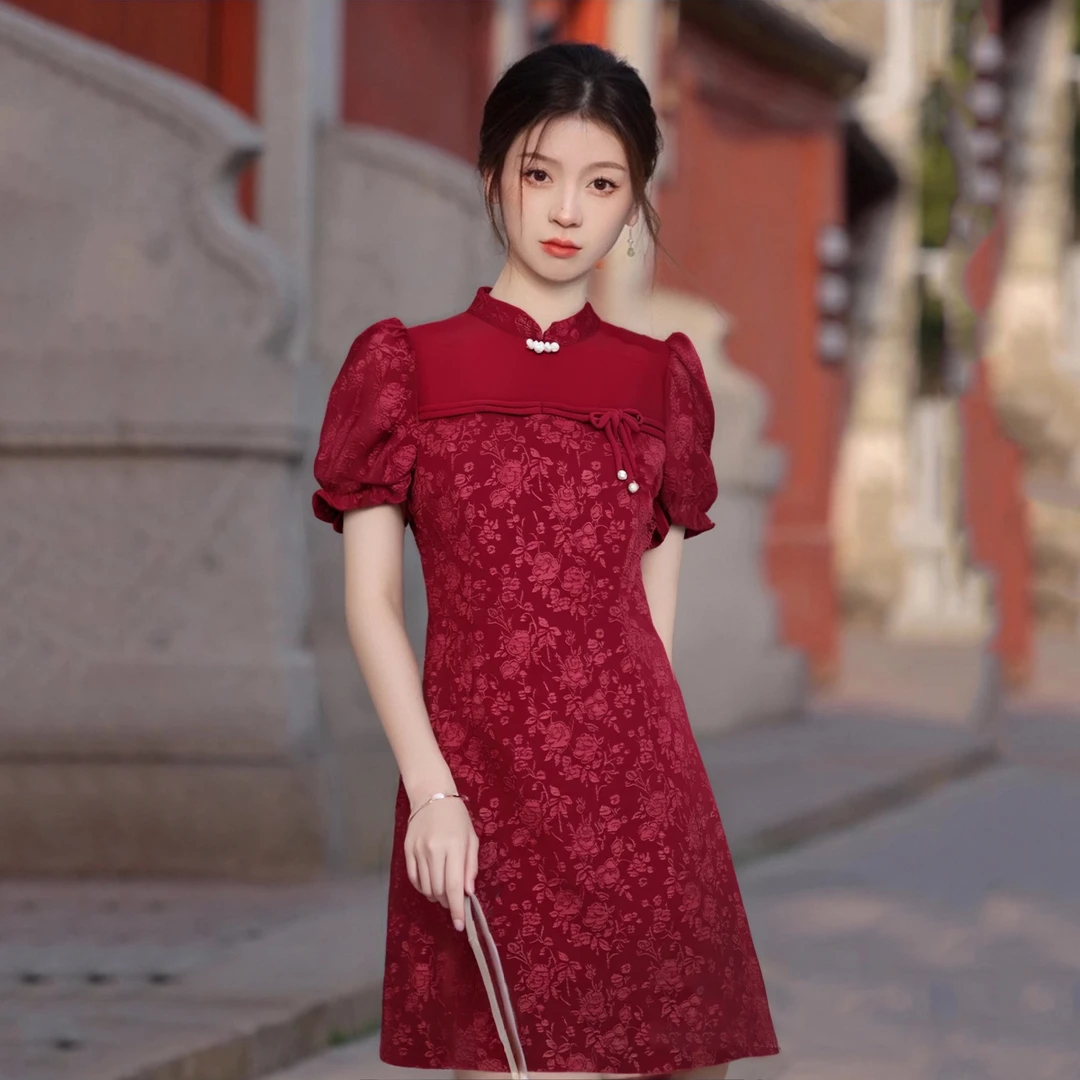 新中式小个子连衣裙女夏国风提花改良旗袍复古流苏盘扣收腰A字裙