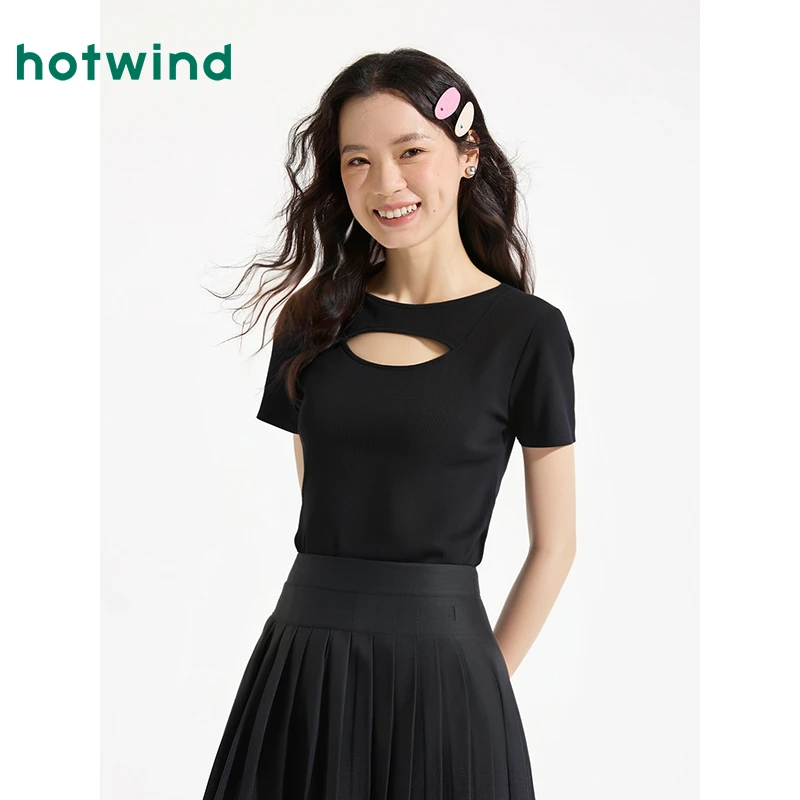 热风显高运动夏季新款女士挖空镂空纯色时尚显瘦短T恤F01W25677
