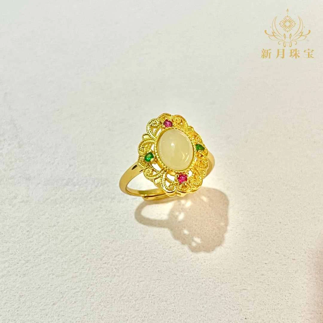 和田玉冰种蛋面戒指镶嵌可调节-多样性发一