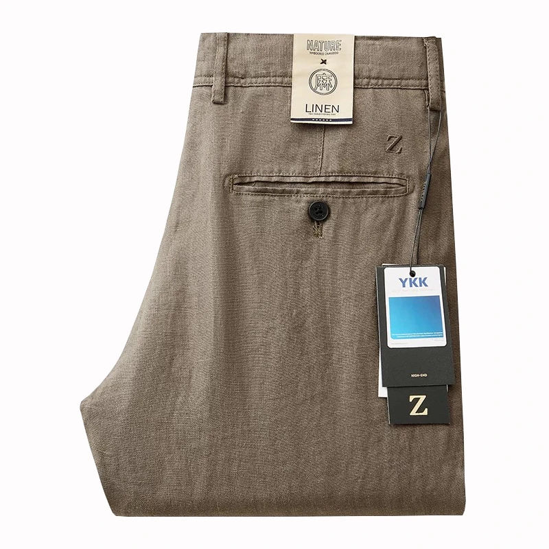 高端100％天然纯亚麻男士休闲裤夏季薄款直筒长裤宽松中腰男裤