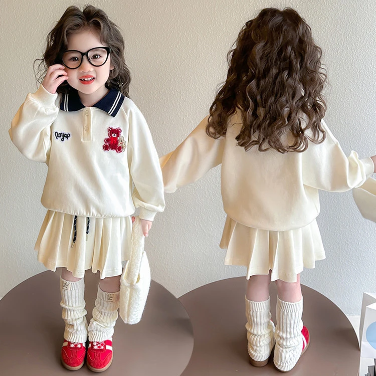 女童2025年春季新款精致时尚韩版POLO百褶裙套装