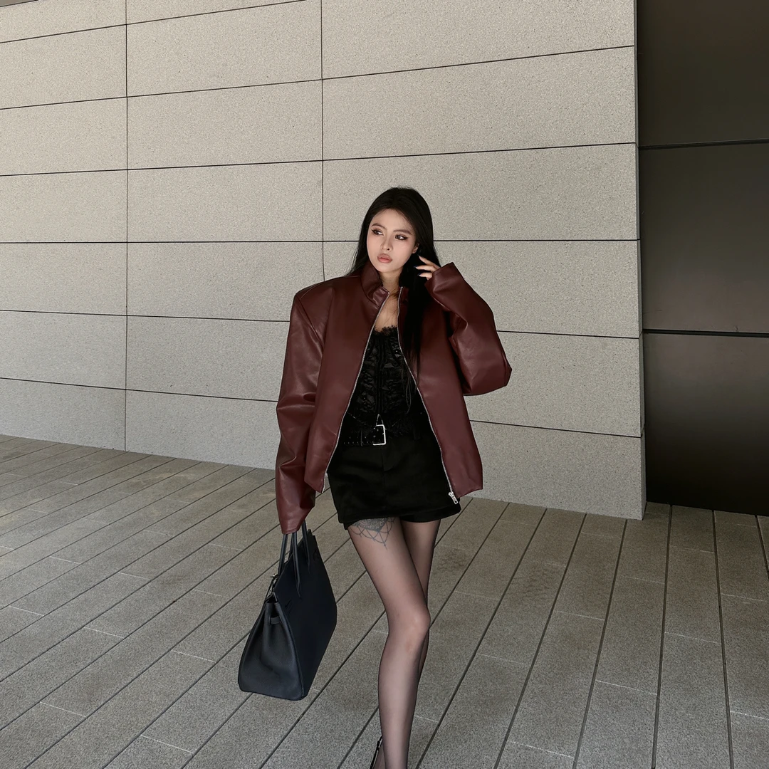 冬季夹棉加厚新款美式复古立领皮衣外套女小众宽松高级感夹克上衣