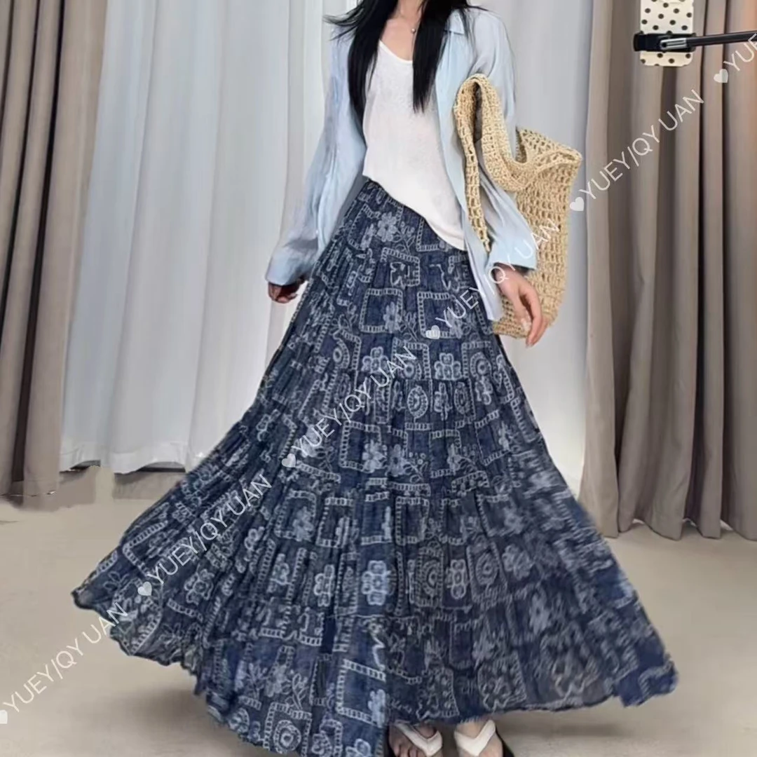 【牛仔蓝】2025夏季新款大裙摆碎花半身裙复古高腰显瘦长裙