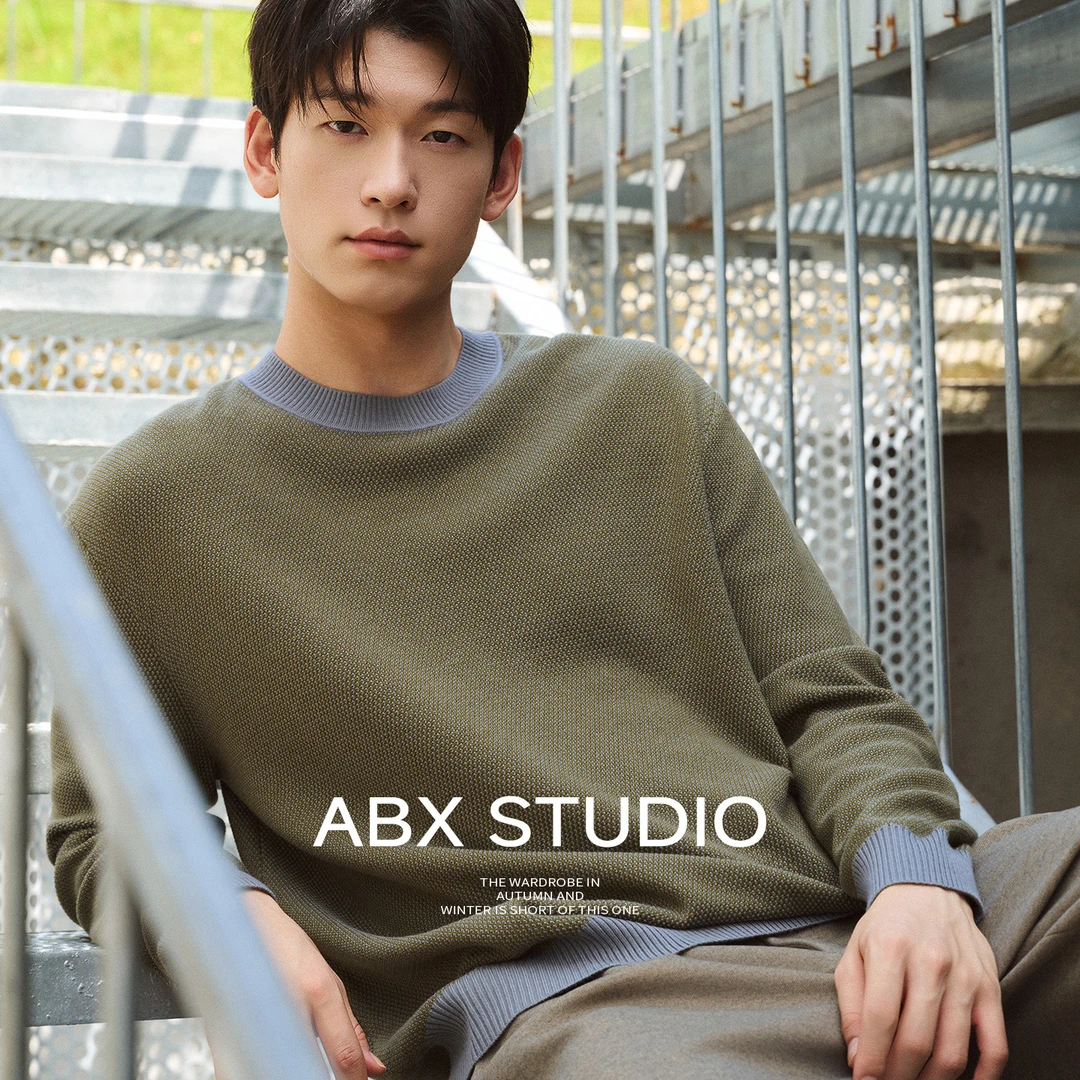 abx 丝光羊毛双色纱线并捻织法 冬季撞色圆领针织衫男套头毛衣