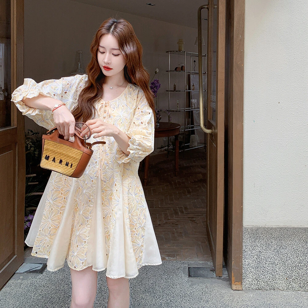 蕾丝镂空针织刺绣日系连衣裙裙针孔透气女装浅黄色2025新品夏季