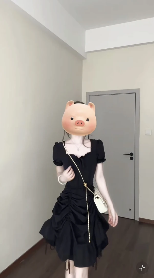 大码夏季新款纯色三穿长裙气质感收腰显瘦连衣裙洋气黑色方领裙子