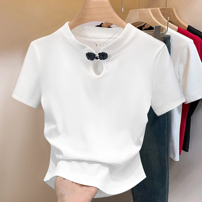 大码女装夏季新中式国风盘扣短袖T恤微胖mm显瘦褶皱短款正肩上衣