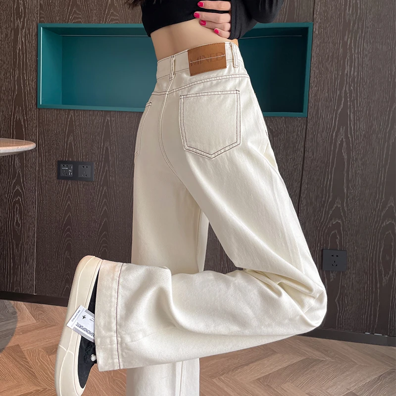 加绒白色窄版阔腿牛仔裤女2025冬季高腰舒适垂感拖地设计感直筒裤