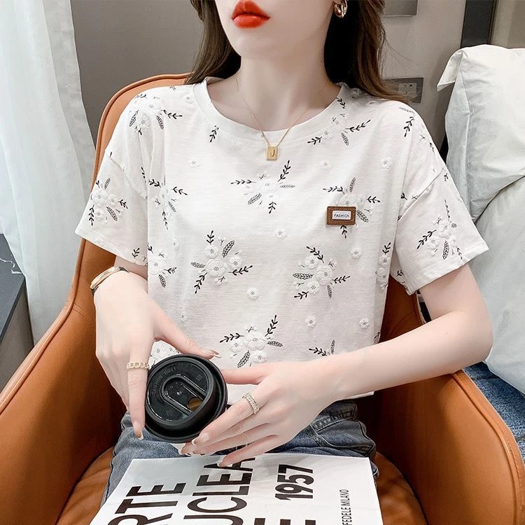 短袖T恤女士白色2025年新款洋气宽松圆领ins潮创意半袖内搭上衣潮