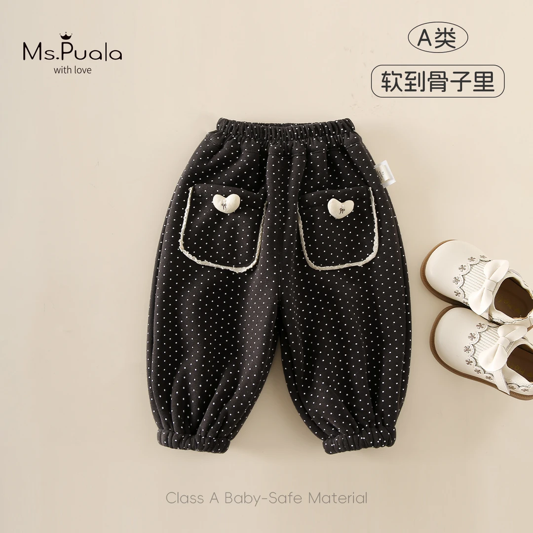 【MsPuala星辰点点】婴幼女童装裤子爱心贴布口袋加绒波点束脚长裤