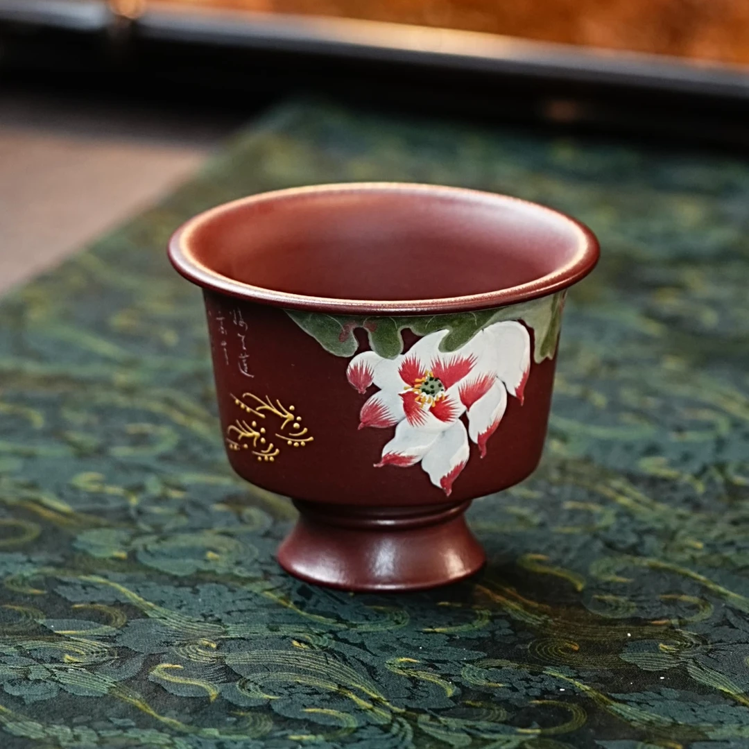 宜兴正宗紫砂紫泥鱼戏莲间莲花高脚杯全手工高颜值茶器紫砂主人杯