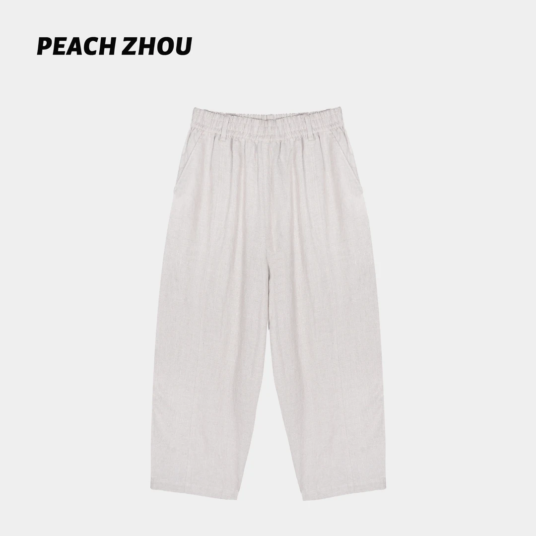 『PEACHZHOU』亚麻立裁扭缝宽松直筒休闲裤抽绳松紧腰百搭镰刀裤女