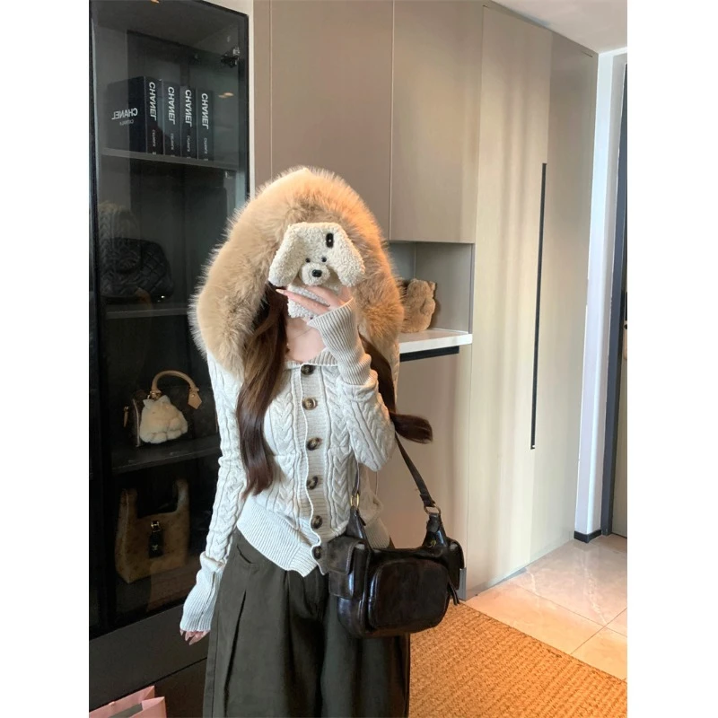 麻花毛衣外套女2025秋冬新款修身显瘦慵懒毛毛领辣妹长袖针织上衣