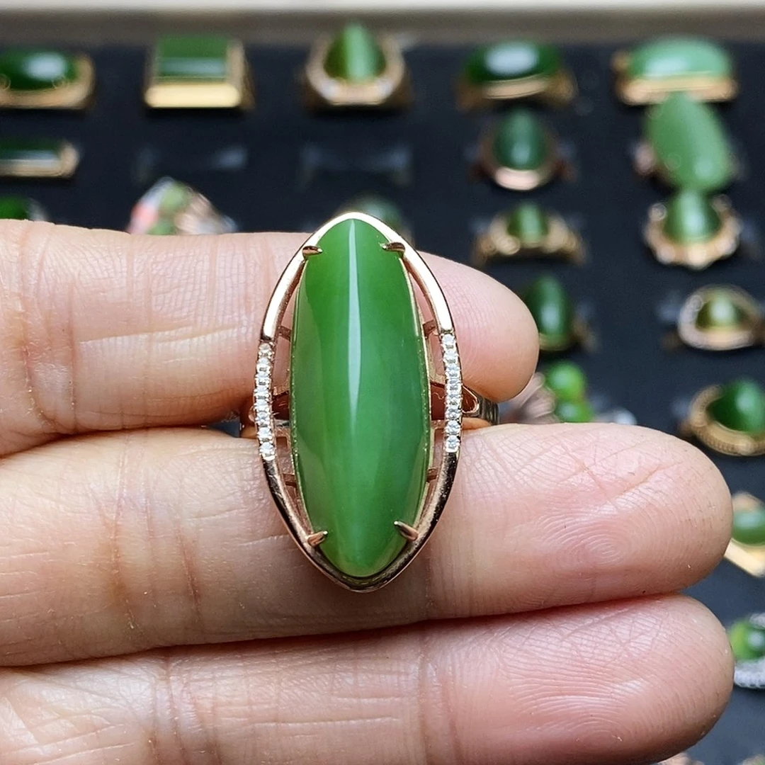 和田玉（碧玉）戒指银S925镶嵌优*美