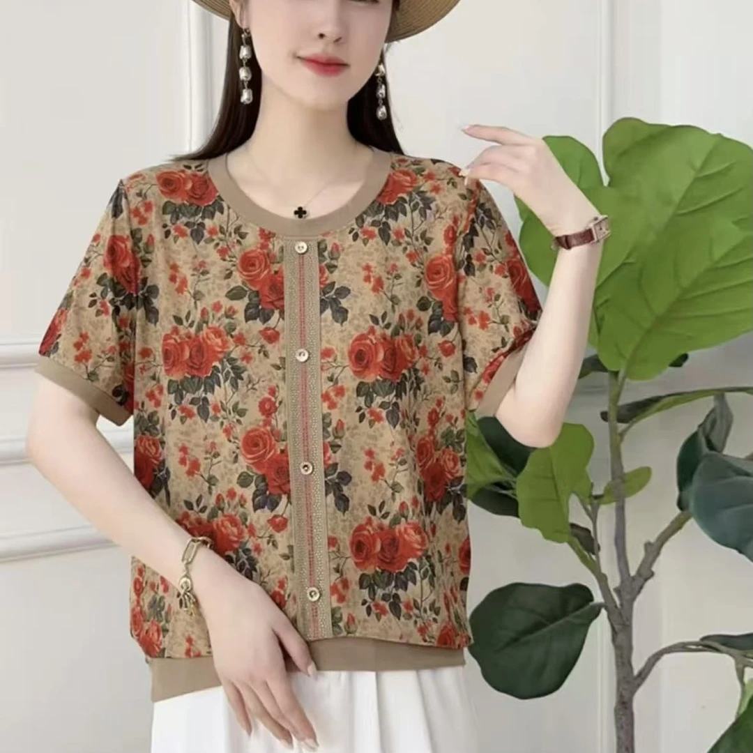 2025夏季妈妈装洋气宽松大码T恤衬衫中老年女短袖圆领套头打底衫