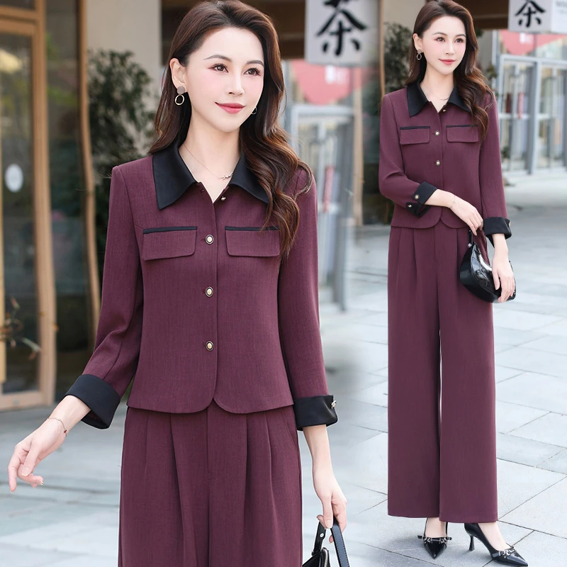 撞色衬衫领挽袖西装套装阔腿长裤高腰通勤气质通勤女装套裤西裤