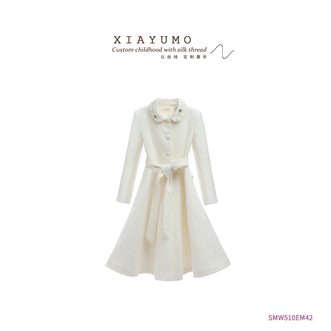 夏羽墨女童秋冬新款白色收腰赫本风高定大衣气质轻奢时尚冬季大衣
