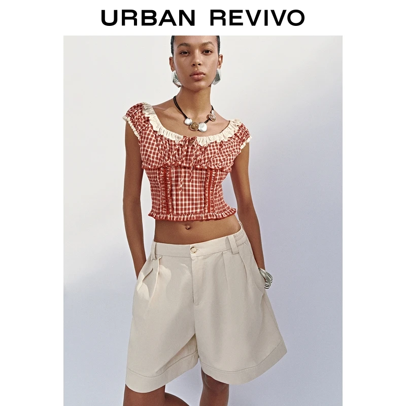 UR2025夏季新款女装拼接蕾丝花边格纹罩衫衬衫UYL250086