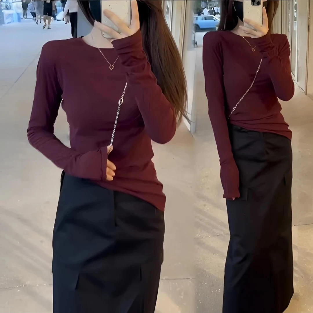 打底薄款圆领纯色百搭上衣女高腰宽松休闲显瘦半身裙初秋秋季套装