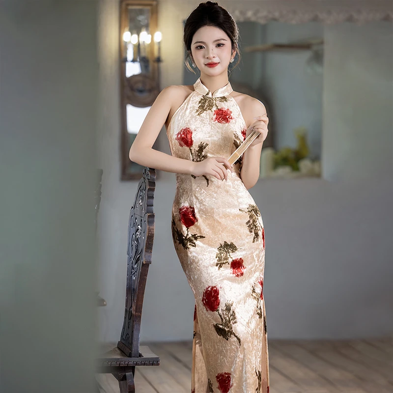 尘记改量旗袍复古【百悦玫】无袖挂脖性感显白连衣裙气质女裙年轻