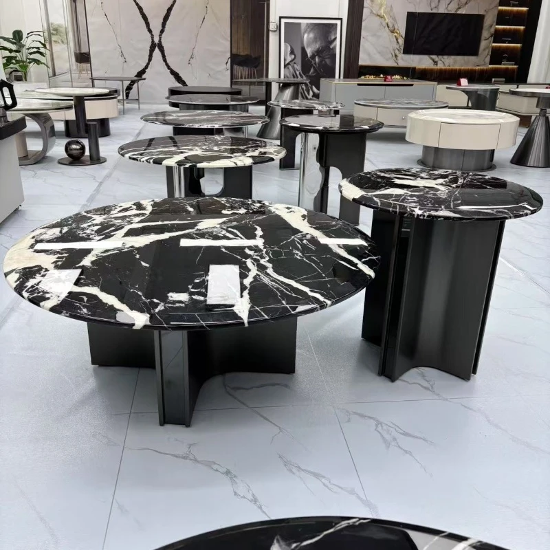 天然奢石宝格丽黑大理石圆形茶几组合家用客厅意式极简不锈钢茶桌