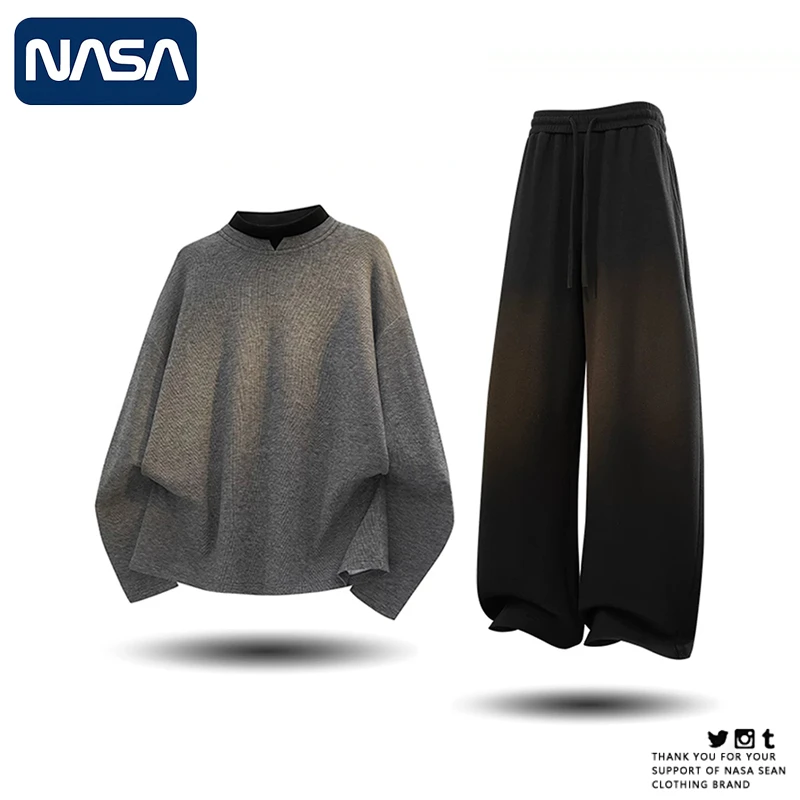 NASA秋冬季男士套装假两件半高领长袖t恤宽松休闲阔腿裤两件套潮