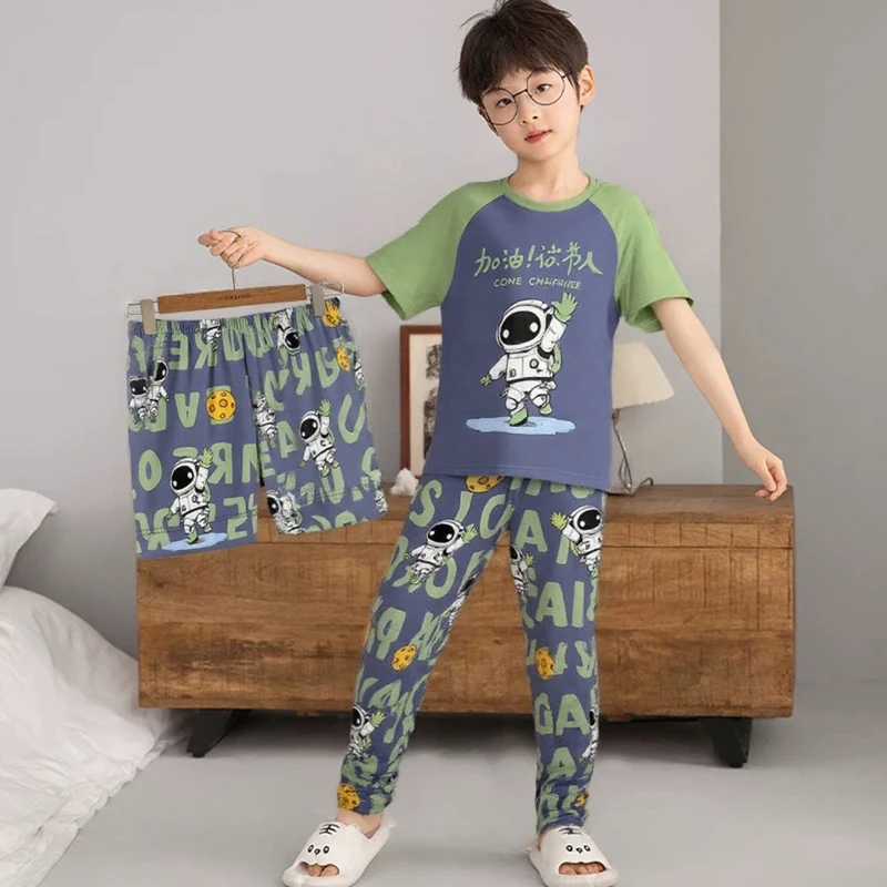 男童睡衣儿童夏季棉薄款短袖长裤中大童12-15岁男孩三件套家居服
