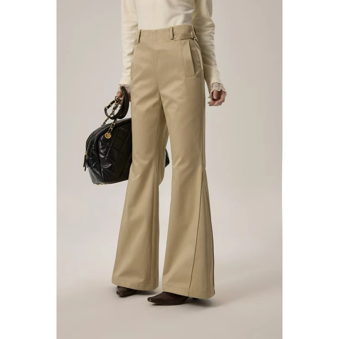 UKILAU【卡其喇叭裤】卡其色休闲双口袋纽扣微喇百褶喇叭裤