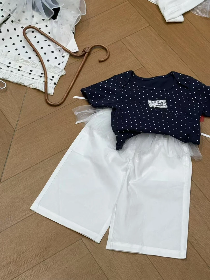 【XTL】2025新夏藏青色波点蕾丝后背蝴蝶结重工T恤26158