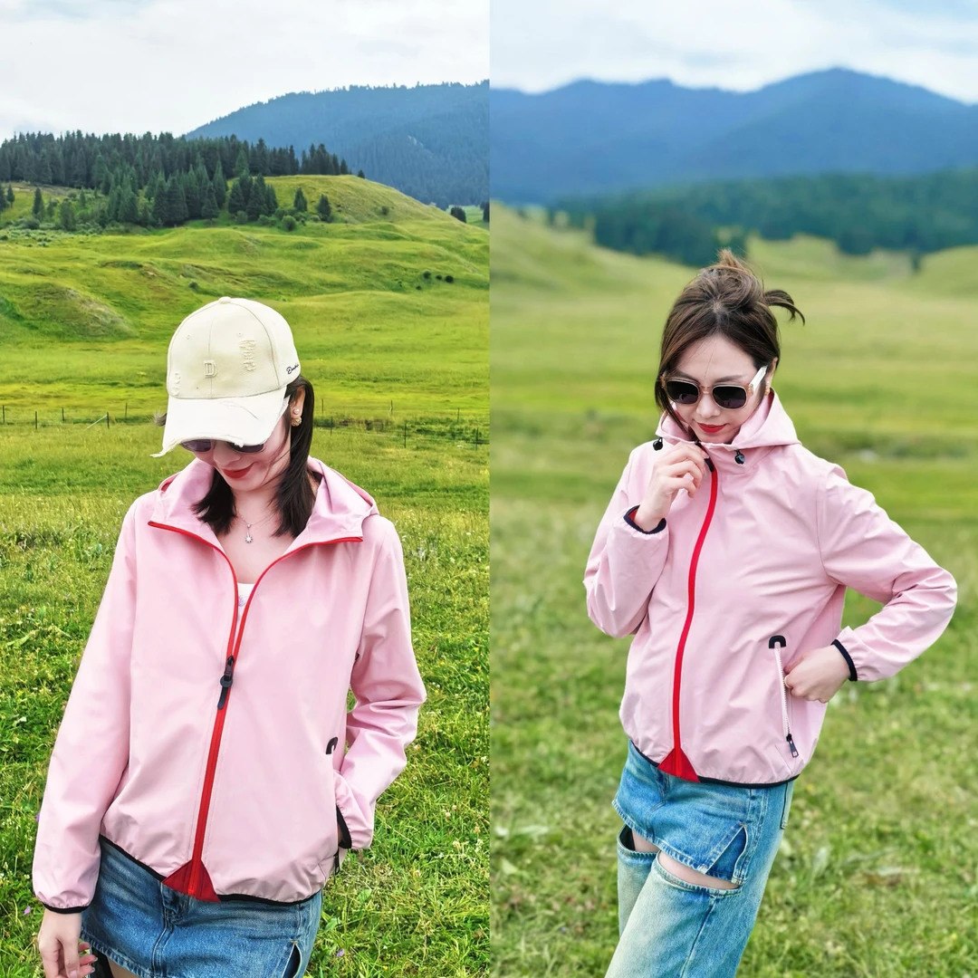 JDND轩羽【柔风粉影】撞色连帽休闲时尚防风拉链冲锋衣XY25367