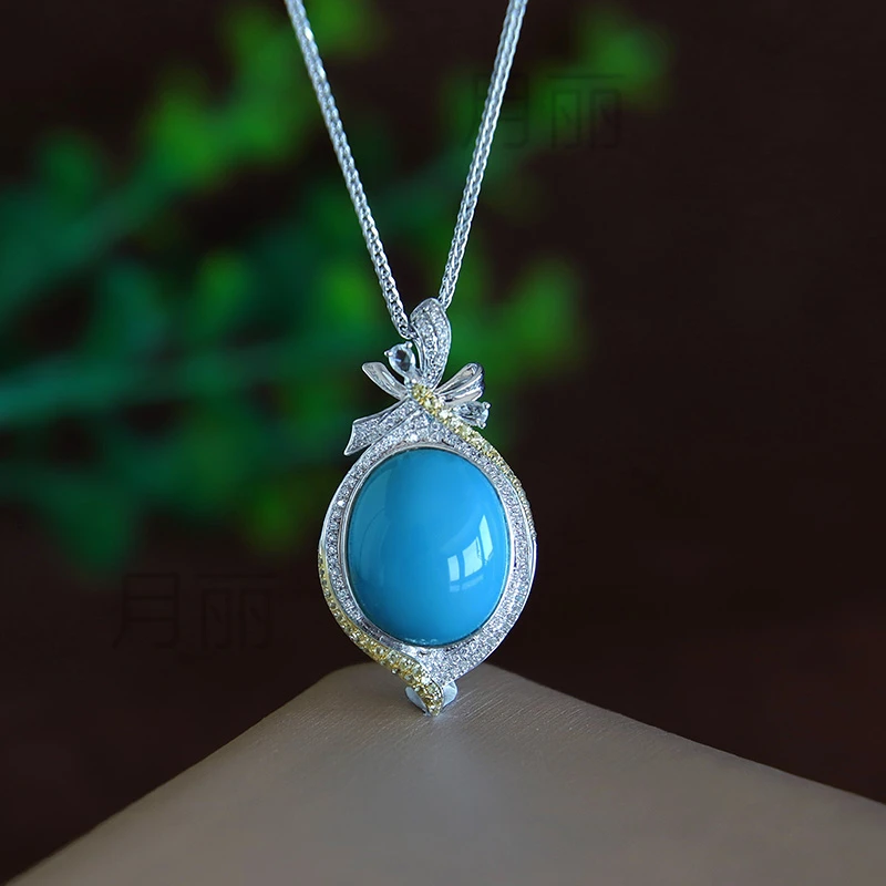 高档轻奢 金镶天然绿松石吊坠满镶钻石 原矿湖北高瓷蓝项链收藏级
