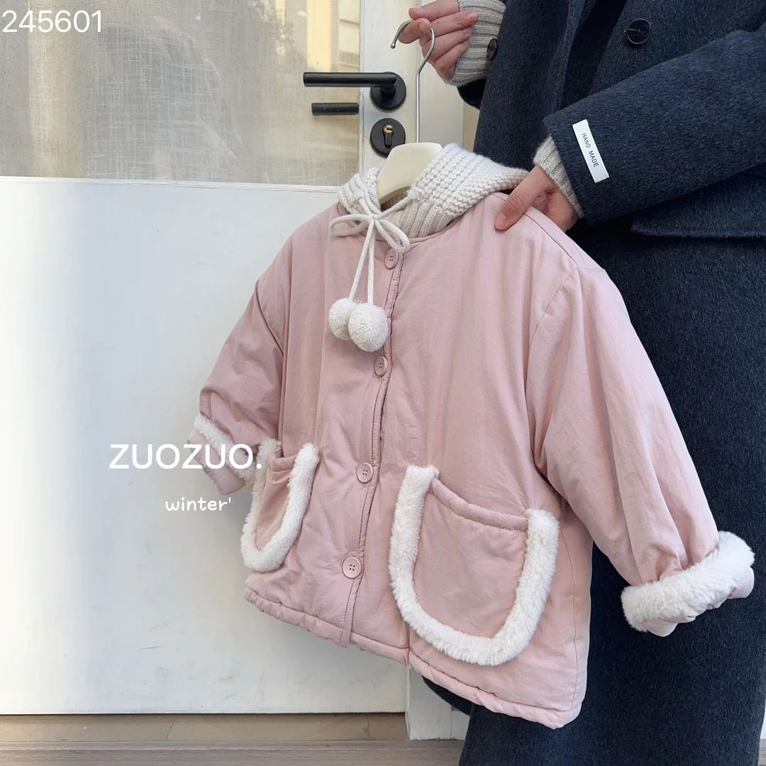冬季女童纯色毛毛口袋连帽棉服外套245601