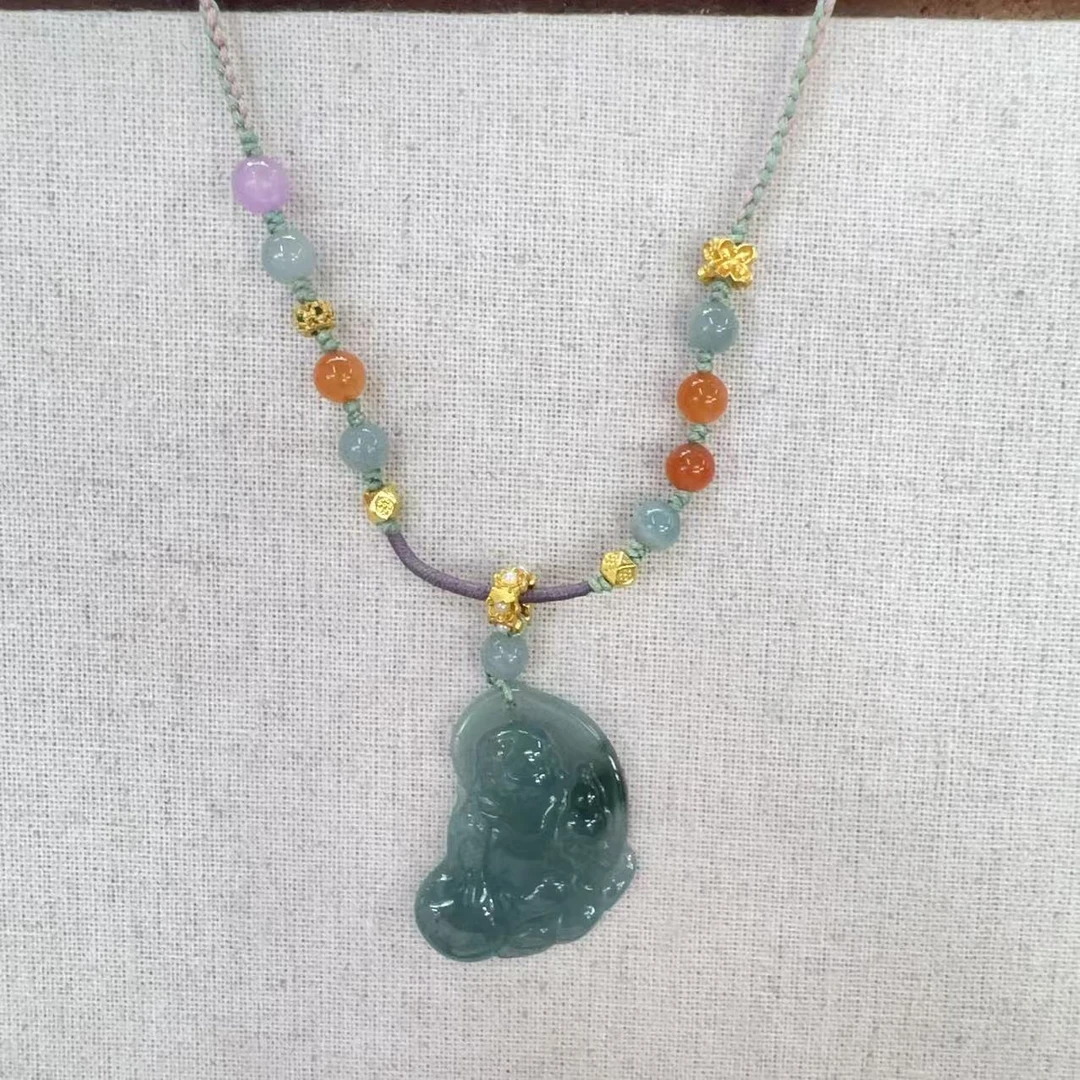 6855  翡翠知足常乐佛/南红玛瑙/紫锂辉/5-6mm项链