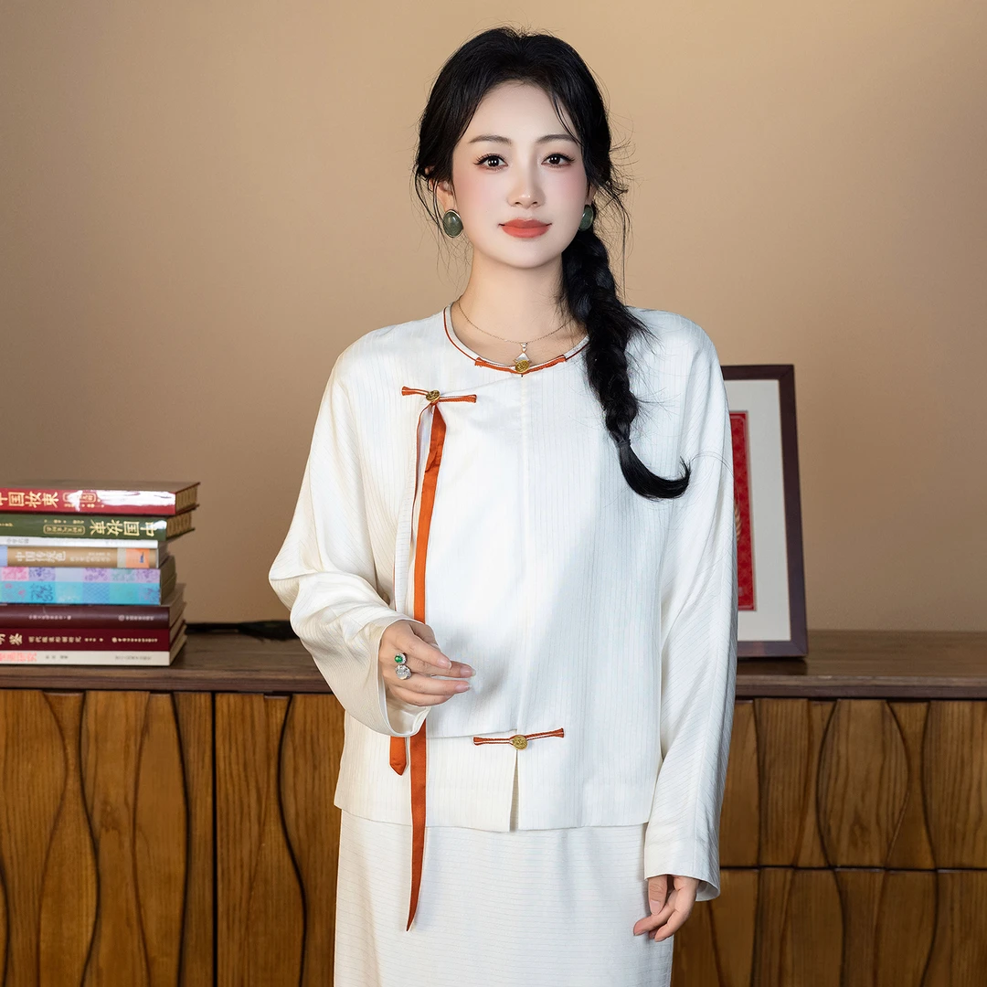 华裳格新中式非遗水织杭罗一字扣系带圆领白色长袖衬衫HS228