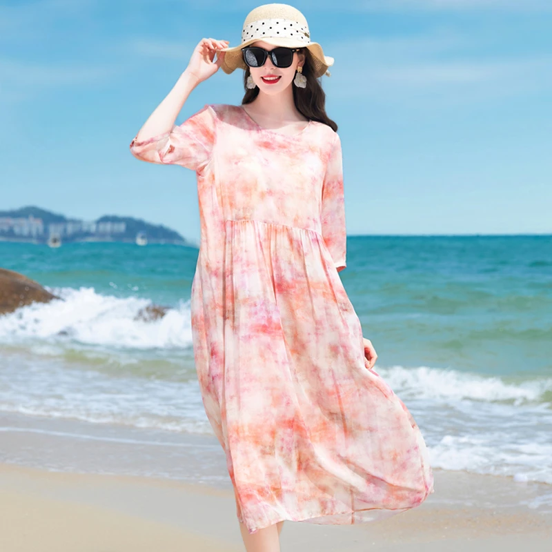 普拉妮100%桑蚕丝宽松短款V领夏季休闲气质时尚高腰连衣裙-713