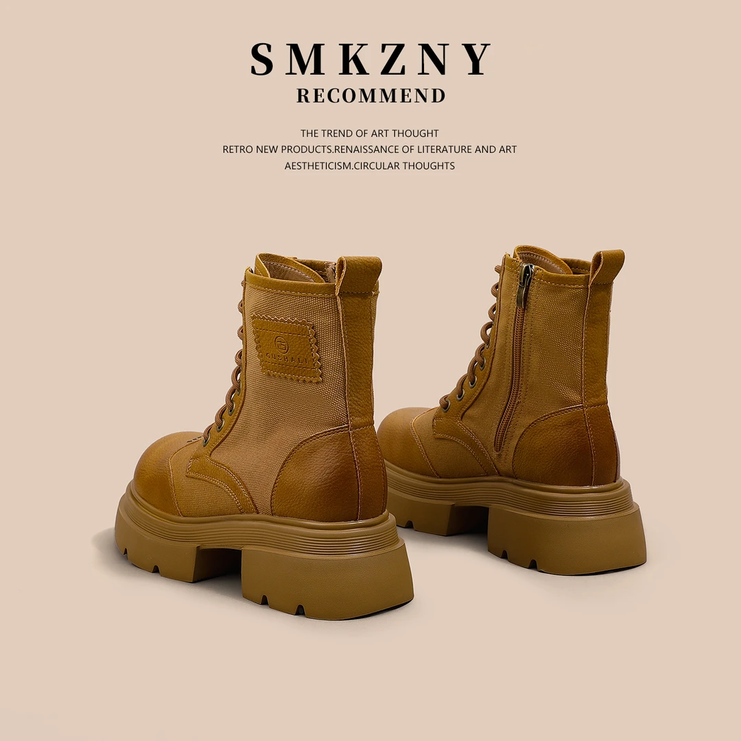 黄色厚底马丁靴女2025新款早秋女靴百搭帆布薄款英伦风短靴225-28