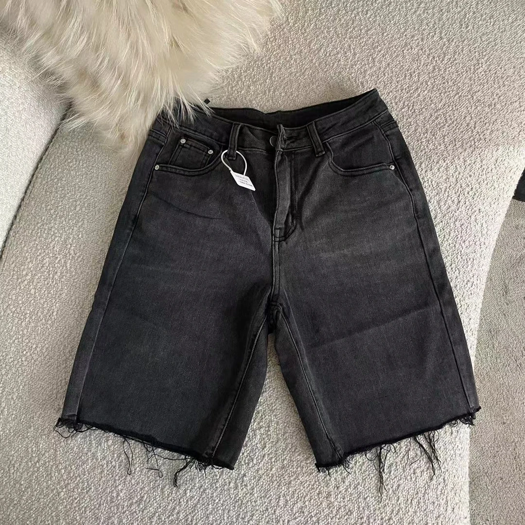 infobyfive福利春季新黑色直筒微弹骑行裤牛仔裤短裤中裤2DD1602