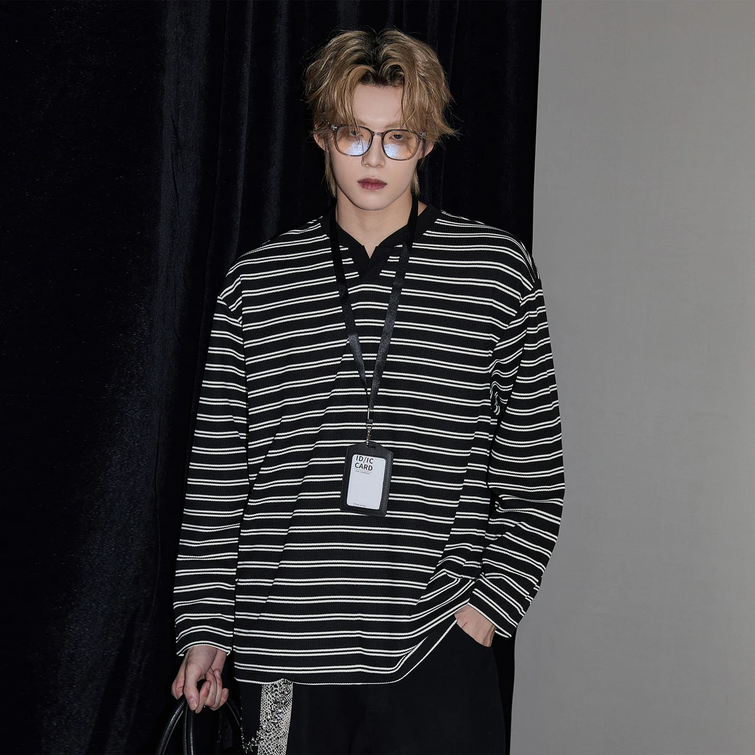 美式V领条纹落肩长袖T恤男痞帅秋季潮牌重磅宽松打底衫情侣上衣