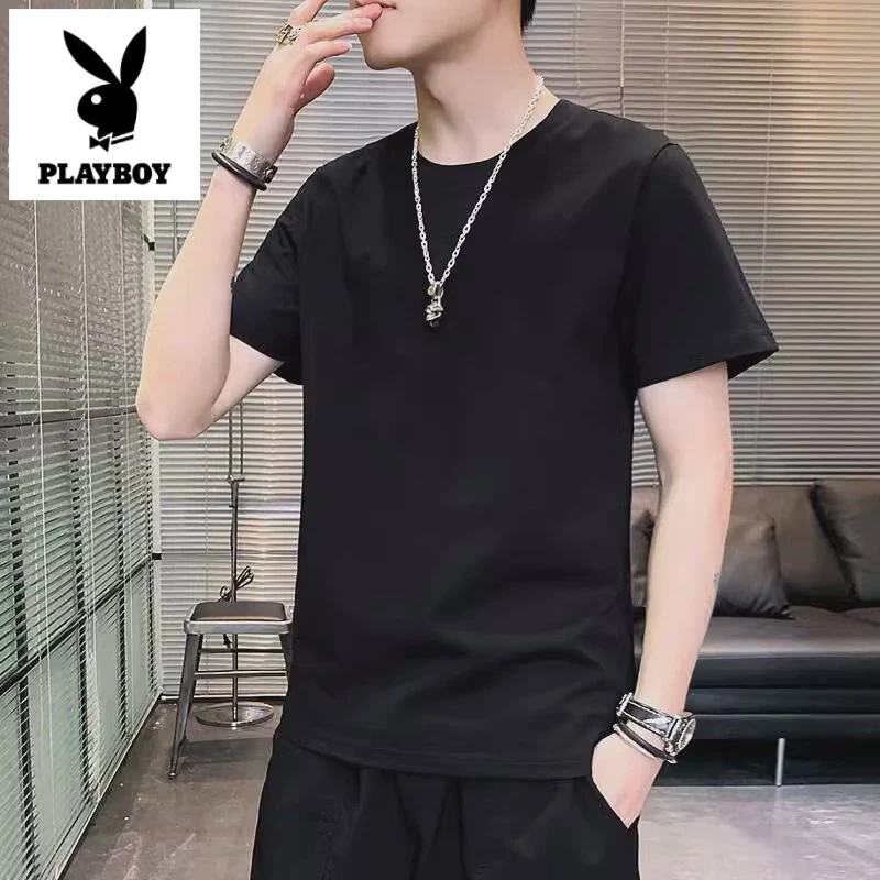 花花公子短袖t恤男士夏季白色纯棉衣服简约宽松休闲半袖