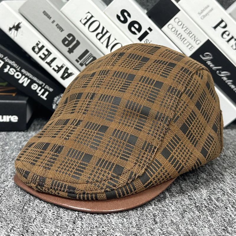 真皮鸭舌帽男女欧美韩版潮反绒中年印花翻绒磨砂春秋季羊皮贝雷帽