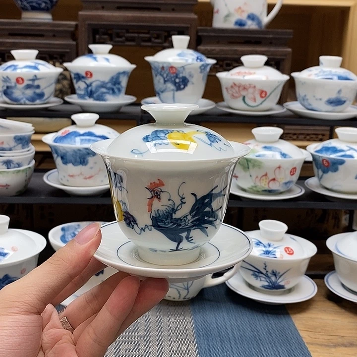 手绘公鸡盖碗釉下彩微瑕福利