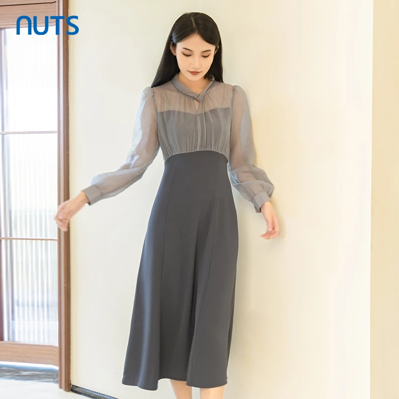 【商场专柜】春秋款设计感气质高腰网纱拼接A字长袖连衣裙433