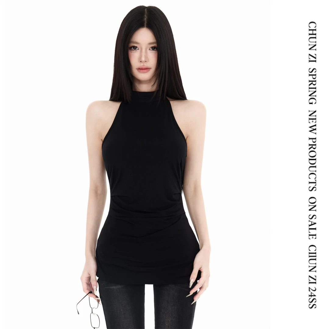 【CHUN ZI】黑色外穿挂脖吊带背心女2025夏季新款辣妹无袖露背上衣