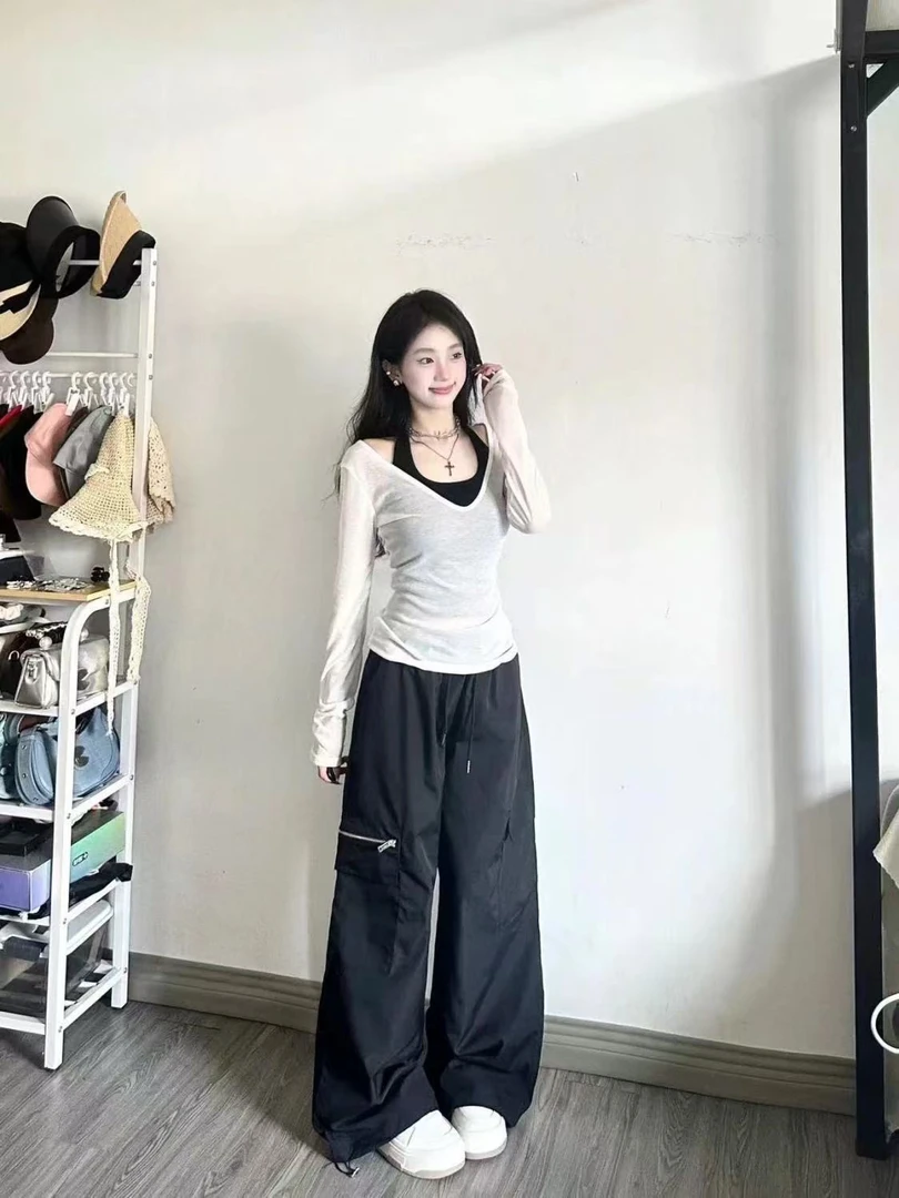 简约长袖T恤休闲风V领速干夏季春夏百搭九分时尚套装7191