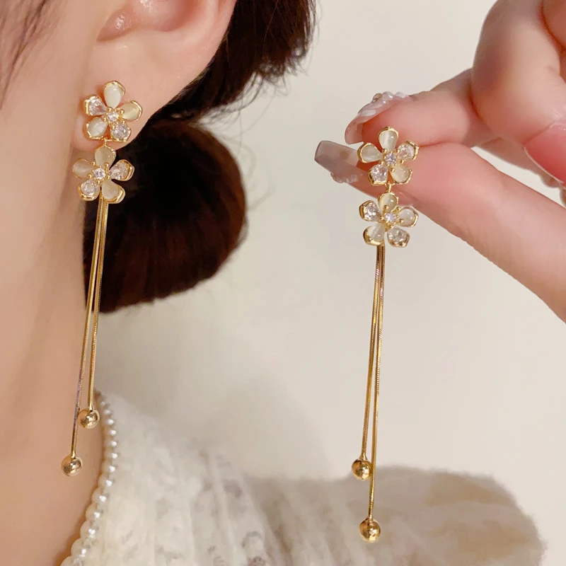 铜合金亚克力耳饰 气质时尚小清新锆石猫猫石花朵长款流苏045