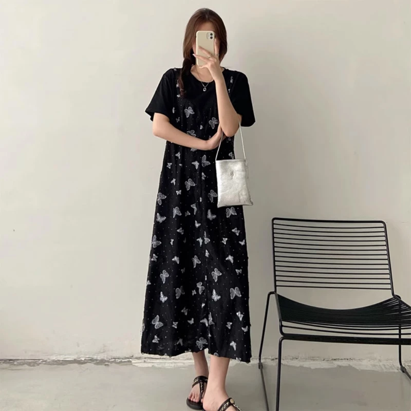 假两件蝴蝶印花长款T恤裙女夏季新款拼接飘带大码宽松短袖连衣裙