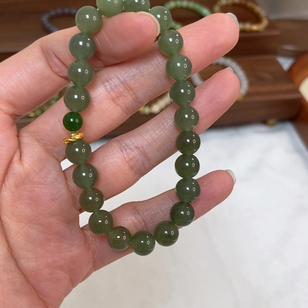 和田玉银S925镶嵌手链福利8mm深湖水绿