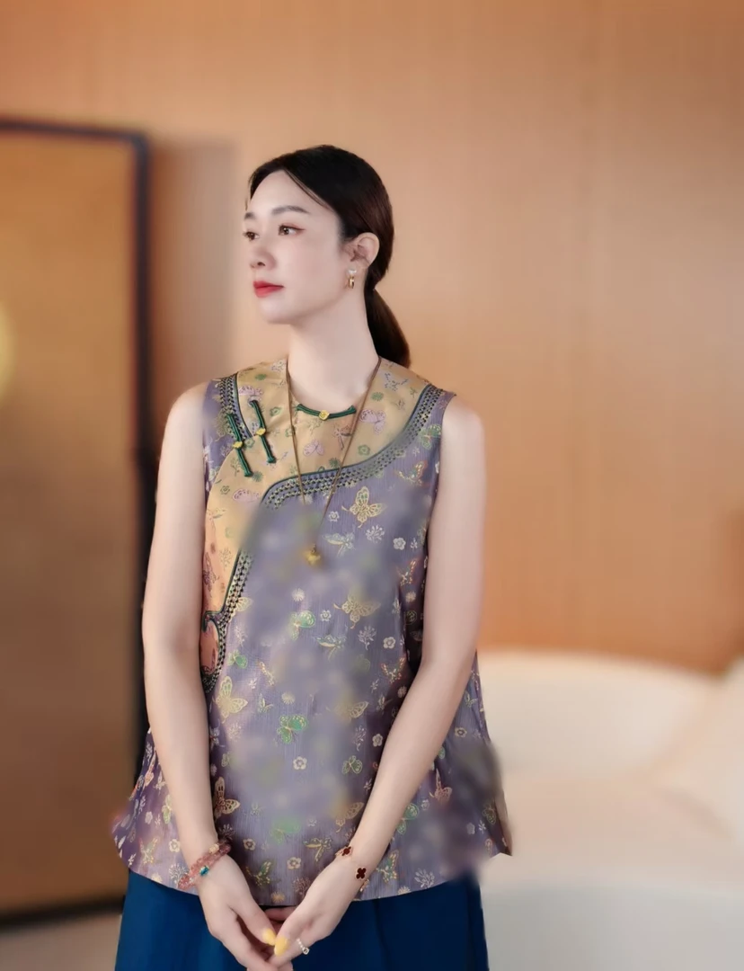 【蝴蝶女王】君与墨家高定新中式桑蚕丝蝴蝶纹宋锦中国风马甲上衣