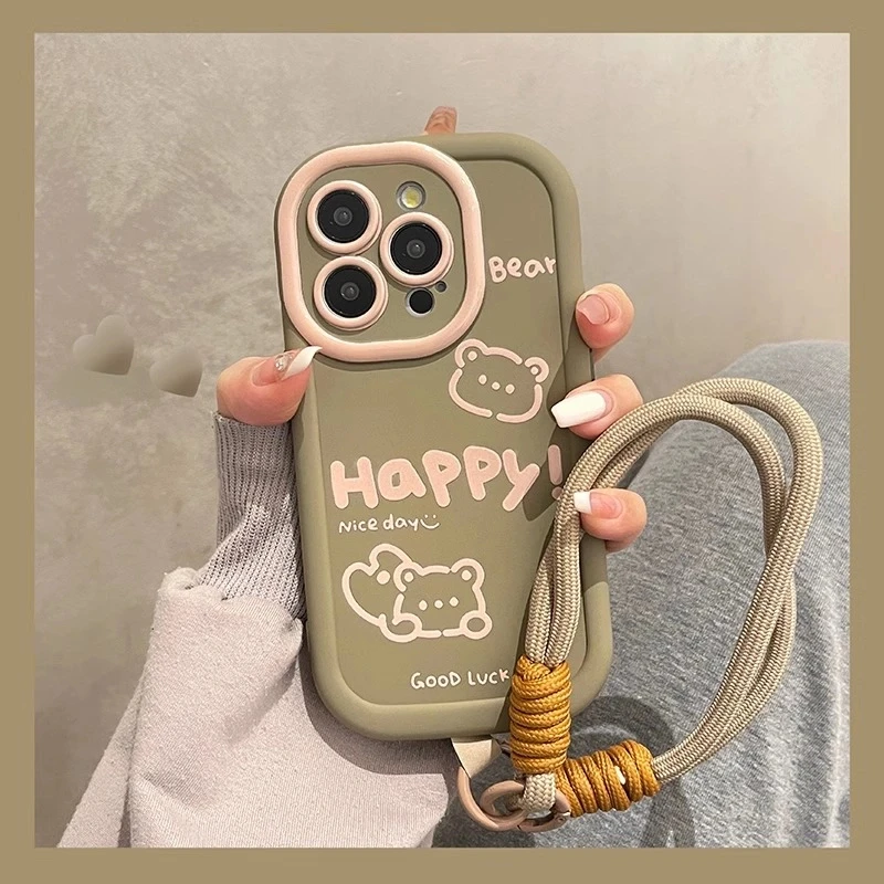 适用【苹果/华为/荣耀/OPPO/vivo/小米】HAPPY熊磨砂泡芙防摔手机壳