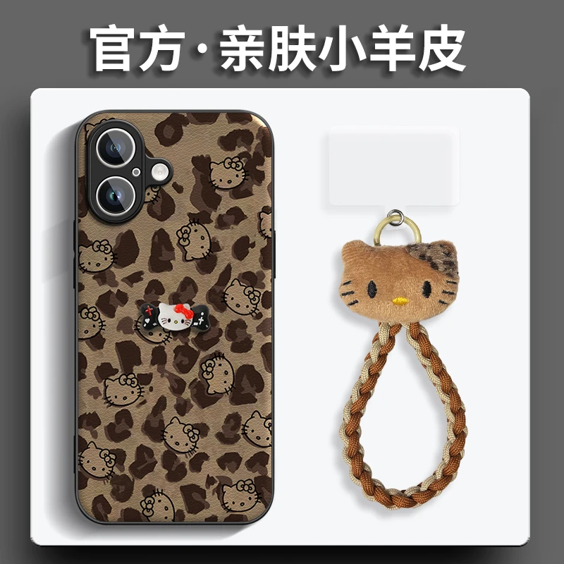 豹纹凯蒂猫金属漆小羊皮适用苹果华为op小米vivo一加手机壳带挂绳